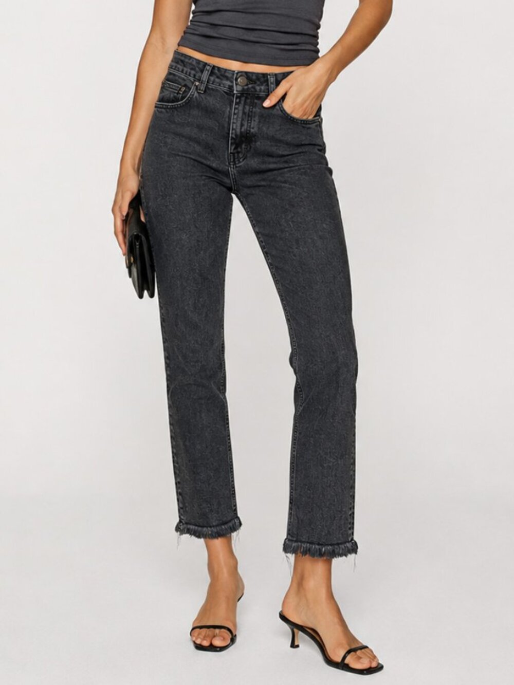 Maje High Rise Slim Leg Frayed Hem Jeans in Washed Black Size 36